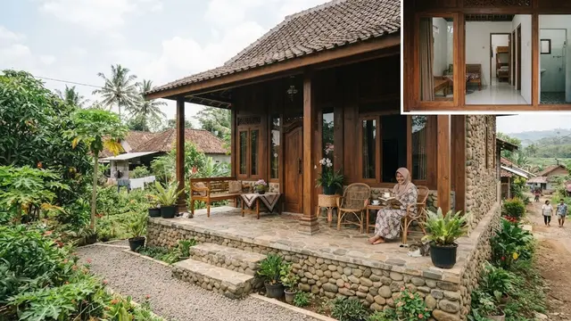Rumah kampung dengan kayu dan batu alam yang nyaman untuk masa tua model rumah kayu dengan batu alam di teras