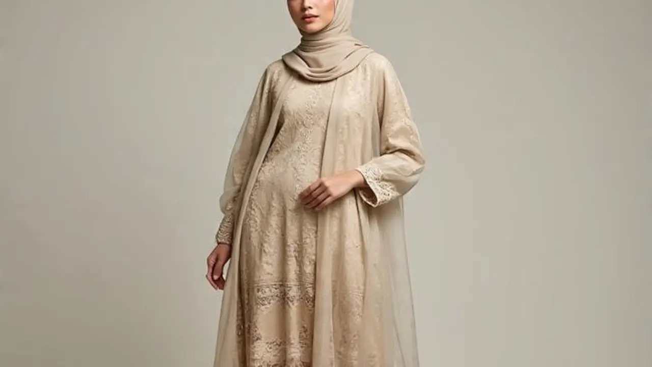 Ilustrasi Gamis Brokat Kombinasi Outer Panjang (Sumber Gambar: Meta AI)
