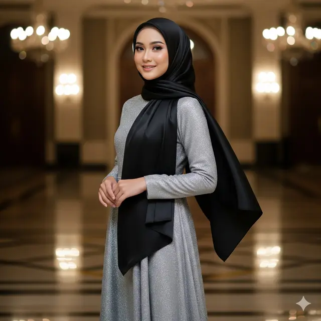 Gamis Silver Glittery + Pashmina Satin Hitam