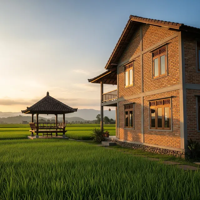 Desain Rumah Desa Minimalis dengan Tempat Duduk Pinggir Sawah (Gemini AI)