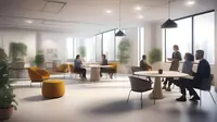 Ilustrasi karyawan, bekerja, rapat, suasana kantor. (Foto By AI)