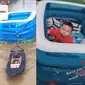 Orang tua hibur anak saat banjir dengan main kapal-kapalan (Sumber: TikTok/riskiaguss)