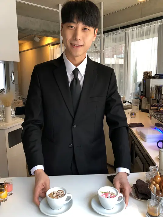 Foto pada 1 Maret 2018 memperlihatkan barista Korea Selatan, Lee Kang-Bin berpose dengan latte art hasil buatannya di kedai kopi terkenal, Seoul. Kini, Lee juga menerima pesanan secara online untuk mereka yang ingin memesan gambar khusus. (AP/Dino Hazell)