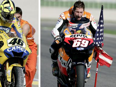 Rivalitas Nicky Hayden dengan Valentino Rossi pada balapan MotoGP di Sirkuit Ricardo Tormo Race, GP Valencia, 2006. (AP Photo/Fernando Bustamante)