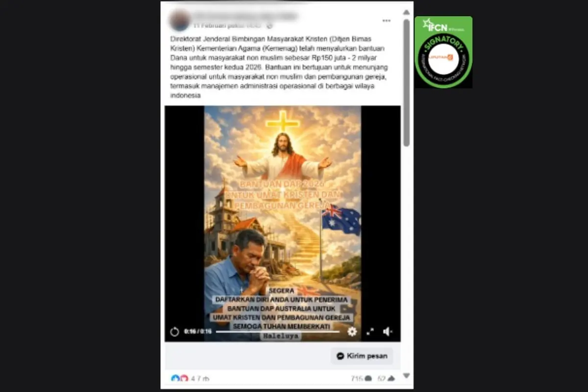 Cek Fakta Liputan6.com mendapati klaim link pendaftaran bantuan dana untuk umat kristen dan pembangunan gereja 2026 sebesar Rp 150 juta - Rp 2 miliar lewat WhatsApp.