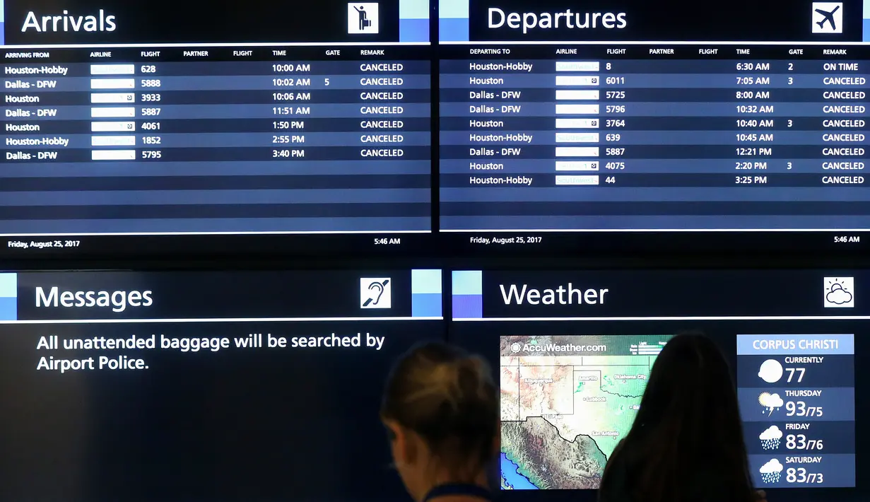 Sejumlah maskapai membatalkan penerbangan untuk menghadapi Badai Harvey di Corpus Christi International Airport, Texas Jumat (25/8). Badai Harvey yang diperkirakan paling kuat sepanjang 12 tahun bakal menghantam daratan Amerika Serikat. (AP Photo)