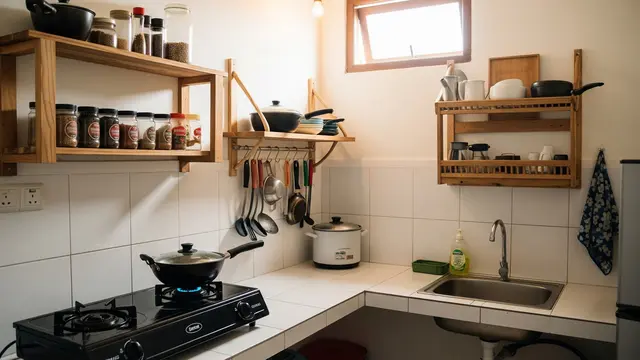 Dapur Sederhana dengan Rak dan Ambalan Kayu