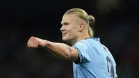 Selebrasi Erling Haaland di laga Manchester City vs Sparta Praha, Liga Champions 2024/2025. (c) AP Photo/Dave Thompson