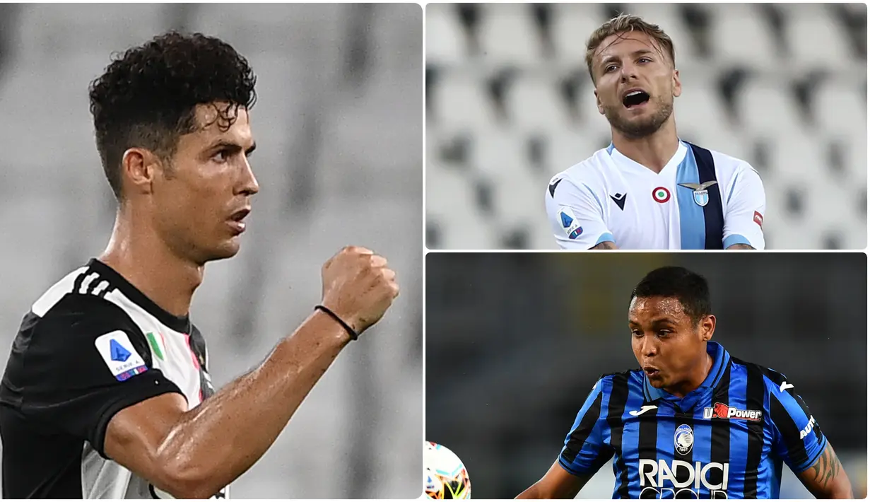 Cristiano Ronaldo menempel ketat posisi Ciro Immobile dalam daftar top skor sementara di Serie A Liga Italia 2019-2020. Ronaldo yang berada di posisi kedua hanya tertinggal satu gol oleh Immobile di puncak top skor. (kolase foto AFP)
