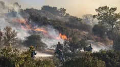 Petugas pemadam kebakaran berupaya memadamkan kebakaran hutan yang terjadi di Ierapetra, pulau Kreta, Yunani selatan, pada Kamis 3 Juli 2025. (Costas Metaxakis/AFP)