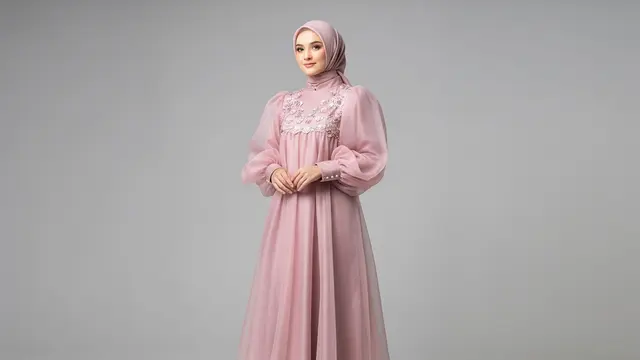 Gamis Puff Sleeve dengan Detail Bordir Floral