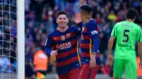 Para pemain Barcelona merayakan gol ke gawang Getafe pada laga La Liga di Camp Nou, Sabtu (12/3/2016) malam WIB. (AFP/Lluis Gene)