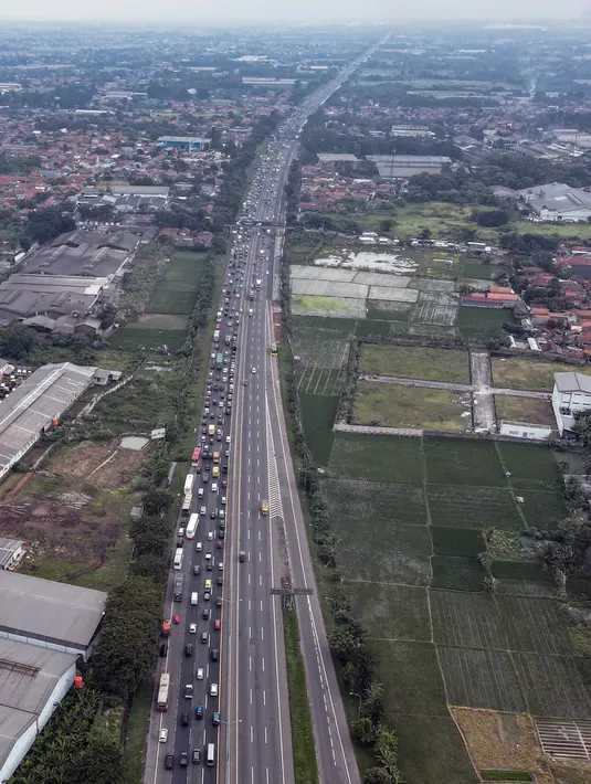 <p>Foto udara memperlihatkan ribuan kendaraan terjebak kemacetan panjang saat menuju kampung halaman untuk merayakan libur panjang Idul Fitri bersama keluarga di jalan bebas hambatan menuju keluar Jakarta di Karawang Timur, Karawang, Jawa Timur, Kamis (28/4/2022). (BAY ISMOYO/AFP)</p>