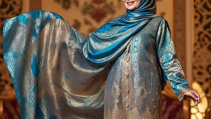 Ilustrasi Gamis Brokat 2025 A-Line untuk Ibu-ibu Usia 50-an (Sumber Gambar: Meta AI)