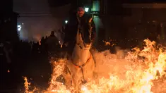 Penunggang kuda melompat di atas api unggun saat Festival Luminarias, Spanyol, Senin (16/1). Setiap bulan Januari, umat Nasrani di Spanyol merayakan Hari Santo Antonius yang dikenal sebagai santo pelindung binatang. (AFP Photo/ PIERRE-PHILIPPE Marcou)