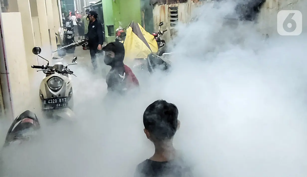 Petugas melakukan pengasapan (fogging) untuk memberantas perkembangbiakkan nyamuk Demam Berdarah Dengue (DBD) di pemukiman padat penduduk, Jakarta, Rabu (18/5/2022). Menghadapi musim pancaroba yang menjadi perkembangbiakkan nyamuk Aedes Agypty penyebab penyakit DBD, warga melakukan fogging di wilayah padat penduduk. (Liputan6.com/JohanTallo)