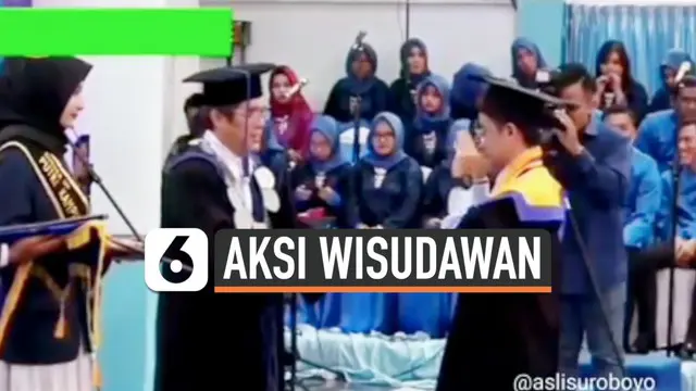 Seorang wisudawan asal Surabaya lakukan aksi gerakan tangan meniru gaya dari lagu "Entah Apa Yang Merasukimu" saat pembagian ijazah oleh Rektor. Aksinya tersebut menarik perhatian warganet dan bikin ngakak.