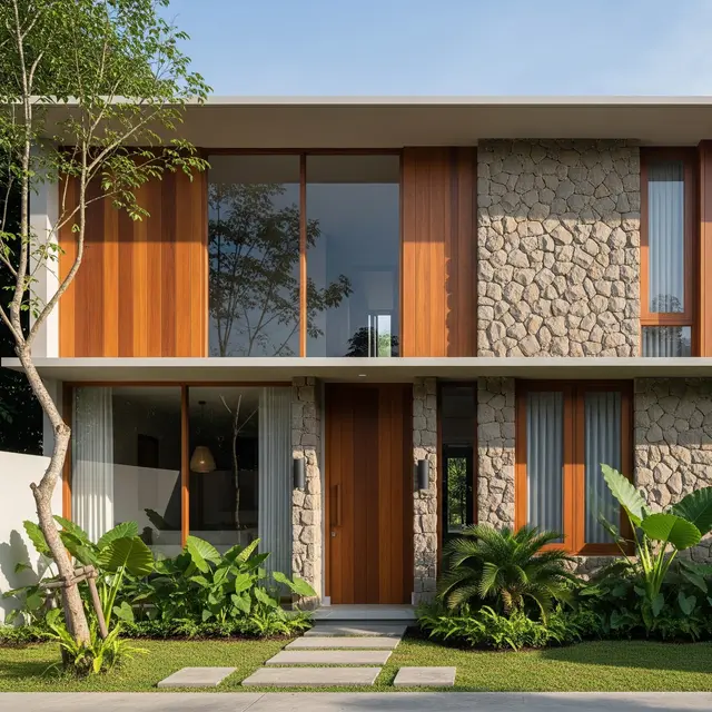 Model Rumah Minimalis Batu Alam Tampak Depan (Image by Gemini AI)