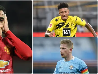 Gelandang Manchester United, Bruno Fernandes, tampil impresif dalam lima laganya di laga fase Grup Liga Champions. Selain Bruno Fernandes ada gelandang lain yang juga tampil cemerlang. Berikut Bruno Fernandes dan 5 gelandang berbahaya di Liga Champions 2020/2021. (kolase foto AFP)