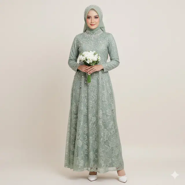 Model Gamis Warna Sage Green dengan Detail Brokat Floral untuk Akad Nikah. Gemini