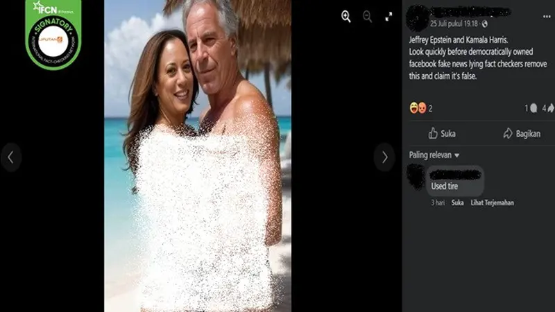 Gambar tangkapan layar foto yang diklaim Wakil Presiden Amerika Serikat, Kamala Harris berpose bersama terpidana pelaku kejahatan seksual, mendiang Jeffrey Epstein di pantai. (sumber: Facebook)