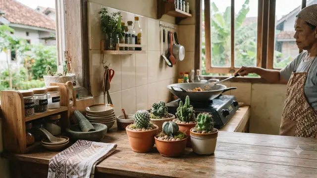 Tanaman hias yang tidak mudah layu meski dekat area memasak dan bikin Bunda tidak setress saat di dapur model kaktus mini