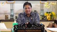 Menteri Koordinator Bidang Perekonomian Airlangga Hartarto saat menyampaikan keynote pada Webinar Series Nyengkuyung G20 Recover Together, Recover Stronger yang mengangkat tema Penguatan Industri dan UMKM Sebagai Penggerak Percepatan Pemulihan Ekonomi.