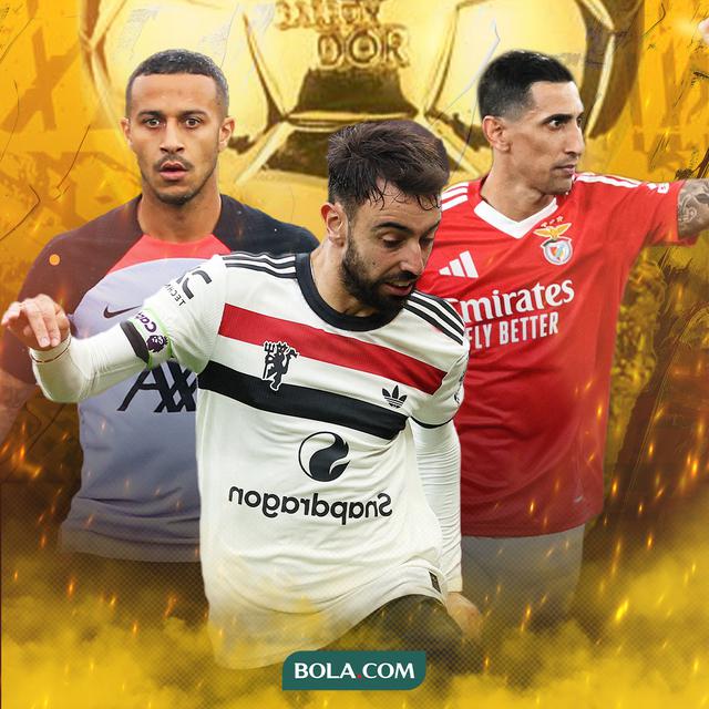 Ilustrasi - Bruno Fernandes, Thiago Alcantara, Angel Di Maria background trofi ballon d'or