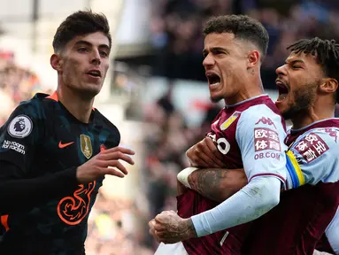 Hasil positif diraih oleh Chelsea dan Aston Villa pada laga lanjutan Liga Inggris 2021/2022, Sabtu (06/03/2022). The Blues dan The Villans berhasil menang empat gol tanpa balas dari lawan-lawannya. (Foto Kolase: AFP/Oli Scarff dan PA via AP/David Davies)