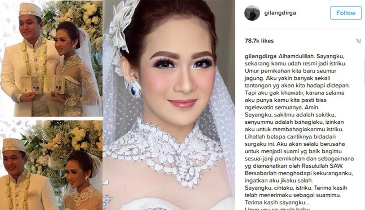 "Alhamdulillah. Sayangku, sekarang kamu udah resmi jadi istriku. Umur pernikahan kita baru seumur jagung. Aku yakin banyak sekali tantangan yg akan kita hadapi didepan…" tulis gilangdirga. (Instagram/gilangdirga)