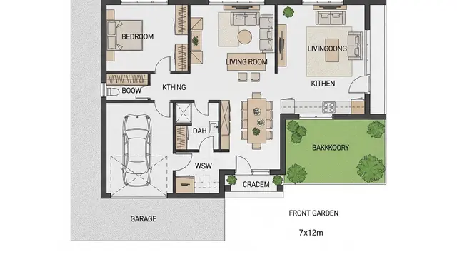 Contoh Rumah Kecil 7x12 dengan Garasi dan Taman Belakang