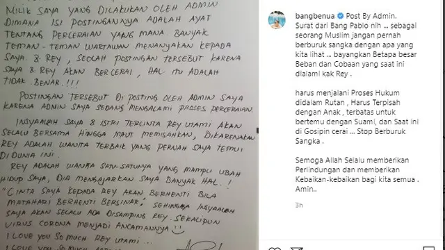 Postingan klarifikasi terkait isu perceraian yang menerpa pasangan Rey Utami dan Pablo Benua