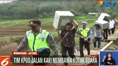 Terbatasnya jumlah ojek, membuat Tim KPUD bersama aparat kepolisian lainnya harus jalan kaki sejauh dua kilometer.