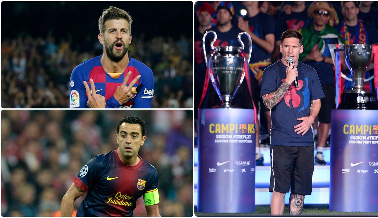 Lionel Messi mejadi pemain yang meraih treble winner atau tiga trofi juara dalam semusim sebanyak dua kali. Selain Messi ada beberapa pemain lainnya yang pernah merasakan hal itu. Berikut Lionel Messi dan 5 pemain yang meraih treble winners dua kali di Barcelona. (kolase foto AFP)