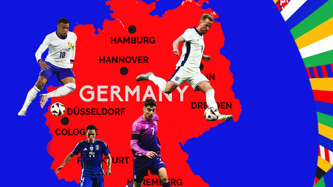 Euro 2024 - Kylian Mbappe, Harry Kane, Kai Harvetz, Federico Chiesa, dengan background peta Jerman