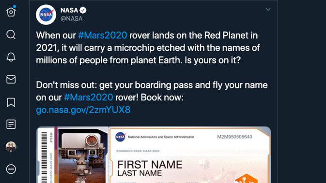 NASA mengajak seluruh dunia untuk menerbangkan nama mereka ke Planet Mars. (twitter: @NASA)