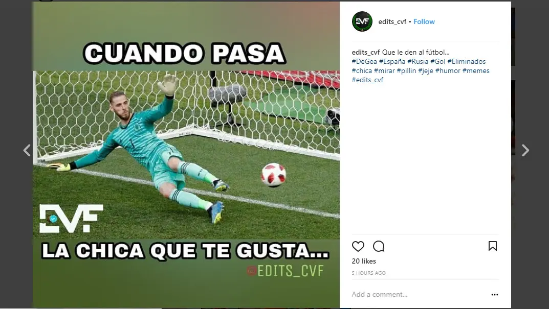 Warganet lainnya mengedit foto De Gea yang telah gagal menyelamatkan gawang Spanyol meskipun dia sudah berusaha (Foto: Instagram/ @edits_cvf)