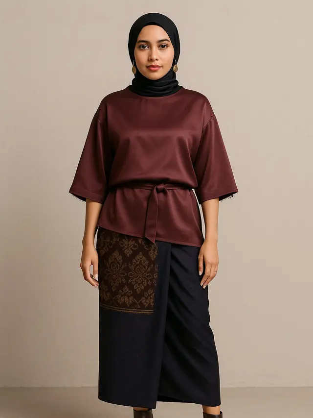 Model Tunik Polos Berbahan Satin Dipadukan dengan Rok Lilit Motif Etnik (Foto: ChatGPT)