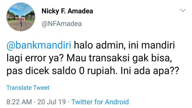 Akun Twitter nasabah Bank Mandiri keluhkan perubahan saldo secara drastis.