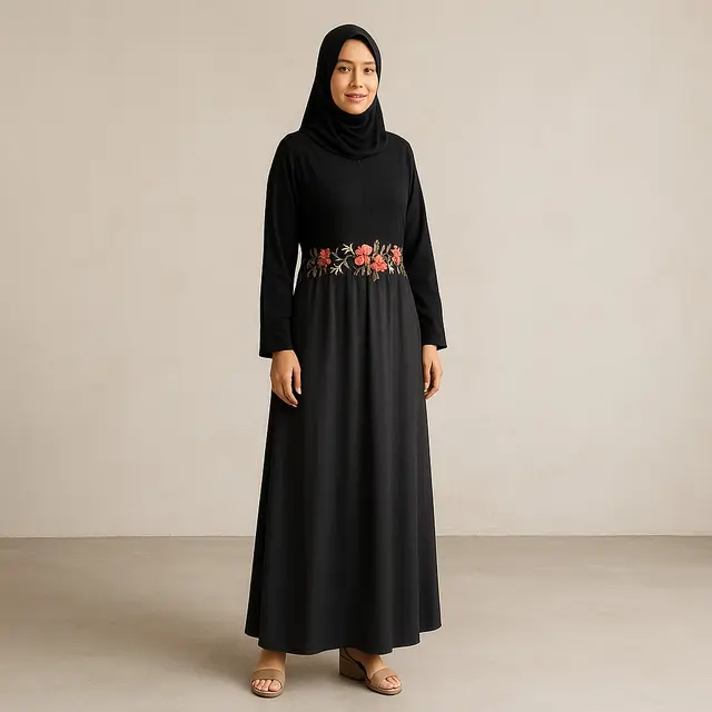 Inspirasi Model Gamis Hitam Bordir Bunga untuk Penampilan Kasual yang Berkelas/Ilustrasi gambar oleh AI