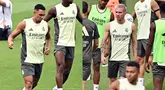 Dua dari sejumlah rekrutan baru Real Madrid, Trent Alexander-Arnold dan Franco Mastantuono tampak sudah mulai mengkuti latihan menjelang musim baru Liga Spanyol 2025/2026. (AFP/Javier Soriano)