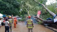 Pohon tumbang akibat angin kencang menimpa sejumlah kios dan pengendara motor di Jalan Hasanudin, Kawasan Dipatiukur, Kota Bandung, Minggu (28/3/2021). (Liputan6.com/ Diskar PB Kota Bandung)