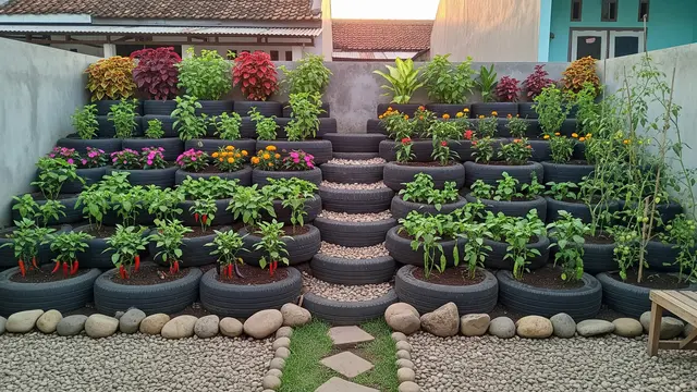Desain Kebun Rumah Unik dari Ban Bekas untuk Halaman Kecil Model Dinding Penahan Tanah Berundak