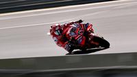 Pembalap MotoGP Italia dari Tim Ducati Lenovo, Francesco Bagnaia, melaju kencang di tikungan pada sesi kualifikasi MotoGP Australia di Phillip Island pada 18 Oktober 2025. (William WEST/AFP)