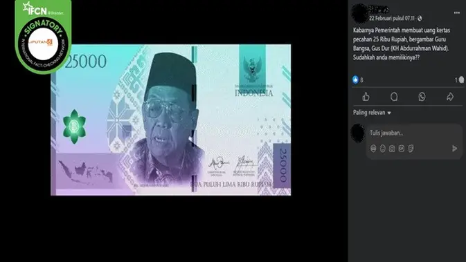 <p>Gambar tangkapan layar foto yang diklaim uang kertas pecahan Rp 25 ribu bergambar Presiden ke-4 Abdurrahman Wahid atau Gus Dur. (sumber: Facebook)</p>