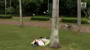 Seorang pengunjung bersantai sambil tiduran di sekitar Taman Monas, Jakarta, Rabu (17/1). Dibukanya pagar pembatas Taman Monas membuat warga bisa masuk ke area taman yang mengelilingi lokasi wisata di Ibu Kota tersebut. (Liputan6.com/Immanuel Antonius)