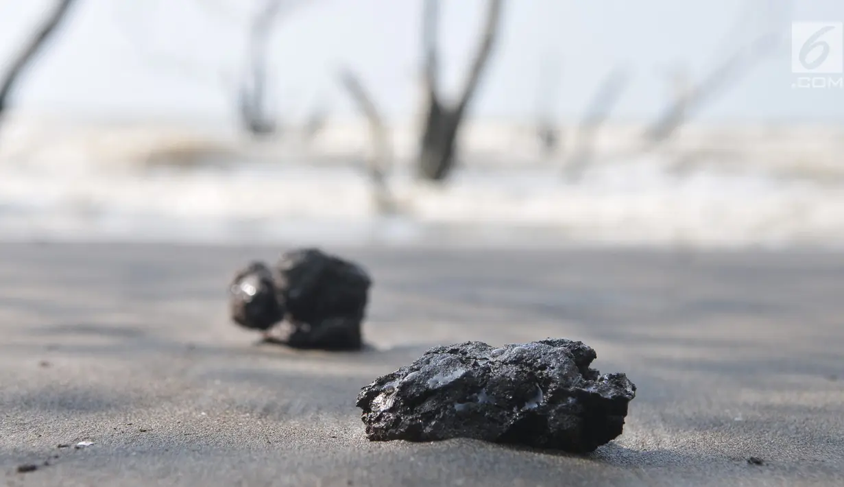 Oil spill yang telah membeku di sekitar tambak penangkap udang di perairan Muara Beting, Muara Gembong, Bekasi, Jawa Barat, Minggu (28/7/2019). Oil spill akibat kebocoran di sumur lepas pantai YYA1 Karawang milik Pertamina Hulu Energi di blok migas ONWJ. (merdeka.com/Iqbal S. Nugroho)