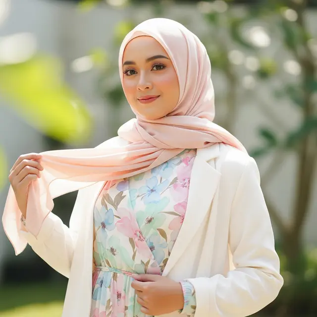 Gamis Motif Bunga Soft dengan Blazer Tipis