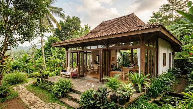 Ide Rumah Kampung dengan Bukaan Besar dan Tanaman/AI Generated