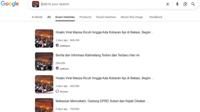 <p>Tangkapan layar Google Image untuk menelusuri kliam video kerusuhan di Kalimalang Bekasi.</p>